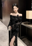 Stylish Long - sleeve Black Floral Mesh Maxi Dress