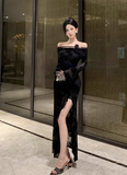 Stylish Long - sleeve Black Floral Mesh Maxi Dress
