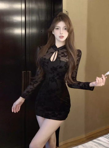 Stylish Black Lace Mandarin Collar Cut - out Mini Dress
