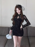 Stylish Black Lace Mandarin Collar Cut - out Mini Dress