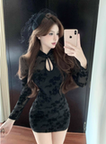 Stylish Black Lace Mandarin Collar Cut - out Mini Dress
