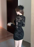 Stylish Black Lace Mandarin Collar Cut - out Mini Dress