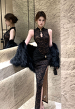 Stylish High - collar Black Floral Lace Dress with Fur Trim