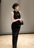 Stylish High - collar Black Floral Lace Dress with Fur Trim