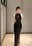 Stylish High - collar Black Floral Lace Dress with Fur Trim