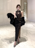 Stylish High - collar Black Floral Lace Dress with Fur Trim