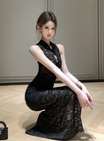 Stylish High - collar Black Floral Lace Dress with Fur Trim