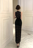 Stylish High - collar Black Floral Lace Dress with Fur Trim