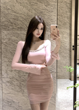 Elegant Long - sleeve Blush Ruched Bodycon Mini Dress