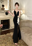 Elegant Spaghetti Strap Black Slit Mermaid Evening Dress