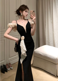 Elegant Spaghetti Strap Black Slit Mermaid Evening Dress