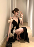 Elegant Spaghetti Strap Black Slit Mermaid Evening Dress