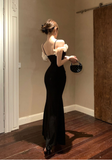 Elegant Spaghetti Strap Black Slit Mermaid Evening Dress
