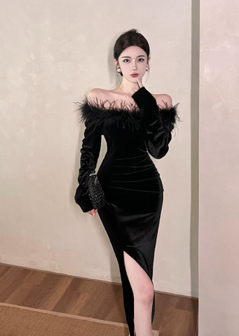 Elegant Off - Shoulder Black Velvet Feather Slit Dress