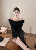 Elegant Off - Shoulder Black Velvet Feather Slit Dress