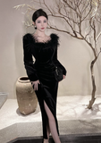 Elegant Off - Shoulder Black Velvet Feather Slit Dress