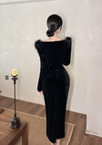 Elegant Off - Shoulder Black Velvet Feather Slit Dress