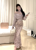 Stylish Off - shoulder Mauve Knit Top with Lace Mermaid Skirt