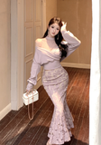Stylish Off - shoulder Mauve Knit Top with Lace Mermaid Skirt