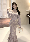 Stylish Off - shoulder Mauve Knit Top with Lace Mermaid Skirt