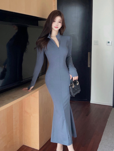 Stylish High - collar Blue Bodycon Mermaid Evening Dress