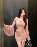 Stylish Long - sleeve Pink Floral Lace Mini Party Dress