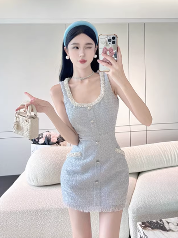 Charming Sleeveless Light Blue Tweed Buttoned Mini Dress