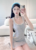 Charming Sleeveless Light Blue Tweed Buttoned Mini Dress