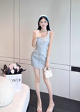 Charming Sleeveless Light Blue Tweed Buttoned Mini Dress
