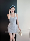 Charming Sleeveless Light Blue Tweed Buttoned Mini Dress