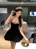 Elegant Strapless Black Velvet Embellished Mini Dress