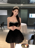 Elegant Strapless Black Velvet Embellished Mini Dress