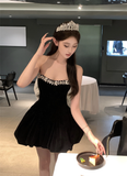 Elegant Strapless Black Velvet Embellished Mini Dress