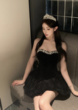Elegant Strapless Black Velvet Embellished Mini Dress