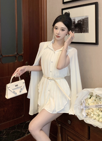 Stylish Short - sleeved Ivory Pleated Romper with Cape
