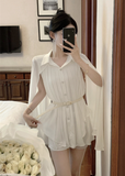 Stylish Short - sleeved Ivory Pleated Romper with Cape