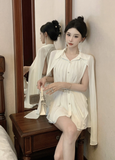 Stylish Short - sleeved Ivory Pleated Romper with Cape