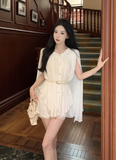 Stylish Short - sleeved Ivory Pleated Romper with Cape