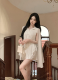 Stylish Short - sleeved Ivory Pleated Romper with Cape