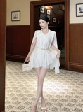 Stylish Short - sleeved Ivory Pleated Romper with Cape