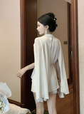 Stylish Short - sleeved Ivory Pleated Romper with Cape