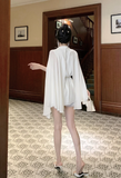 Stylish Short - sleeved Ivory Pleated Romper with Cape
