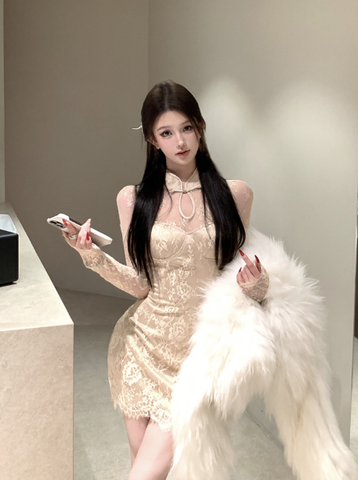 Elegant Mandarin - collar Beige Lace Long - sleeve Mini Dress