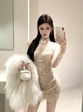 Elegant Mandarin - collar Beige Lace Long - sleeve Mini Dress