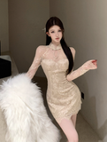 Elegant Mandarin - collar Beige Lace Long - sleeve Mini Dress
