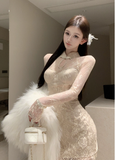 Elegant Mandarin - collar Beige Lace Long - sleeve Mini Dress