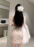 Elegant Mandarin - collar Beige Lace Long - sleeve Mini Dress