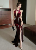 Stylish Sleeveless Plunging Red Velvet Dress with Side Slit