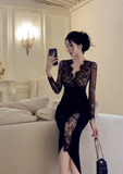Elegant Long - sleeve Black Dress with Floral Lace Bodice