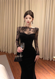 Elegant Long - sleeve Black Velvet Dress with Lace Yoke